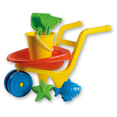 Yellow wheelbarrow with red tray, blue wheels, carrying a yellow bucket, green shovel, rake, and blue marine molds.