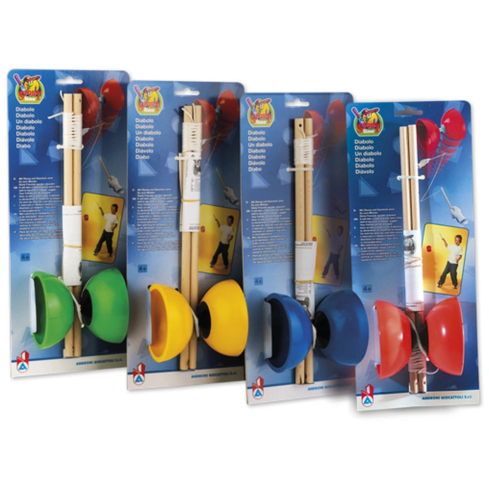 Colorful Androni Diabolo toys in green, yellow, blue, and red, packaged with wooden sticks and string, on a blue background.