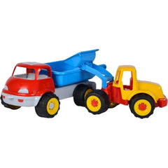 Red and yellow earthmoving truck with blue bulldozer, designed for children's play, 36 cm long, vibrant colors.