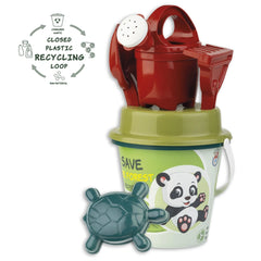 Eco-friendly beach set with a green bucket featuring a panda, red watering can, rake, sieve, and turtle mold.
