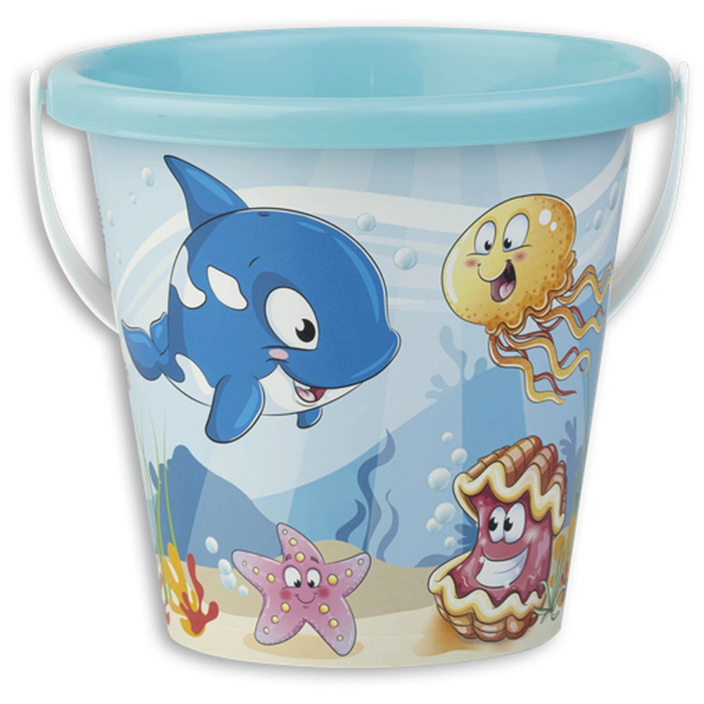 Vibrant beach bucket with a blue whale, yellow jellyfish, starfish, and clam design, perfect for sand play and imagination.