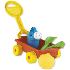 Red trolley with yellow wheels, yellow sand sifter handle, blue watering can, green shovel and rake, and yellow shell mold.