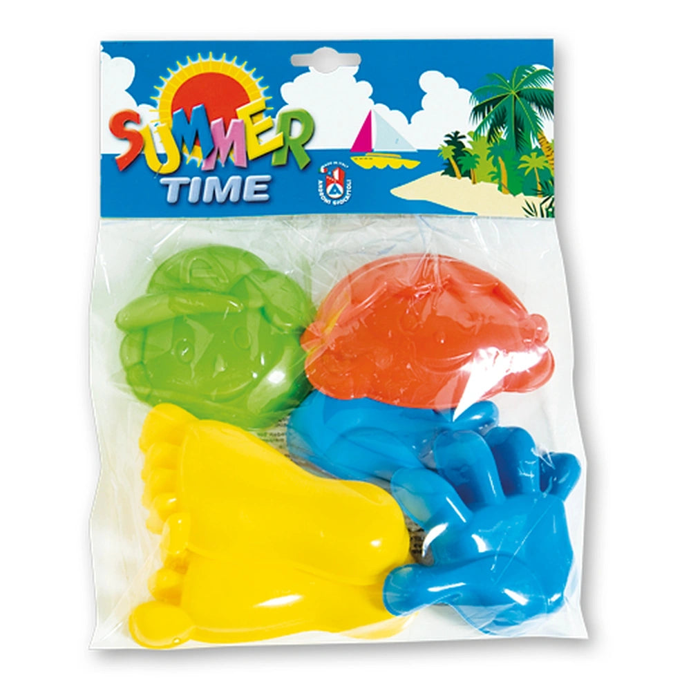 Colorful Androni sand molds in hand, foot, and face shapes packaged under a "Summer Time" label with beach graphics.