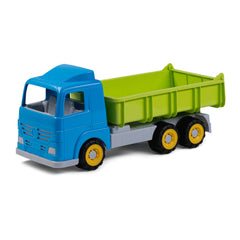 Blue and green toy truck with yellow wheels, part of Androni's play vehicle set for kids.