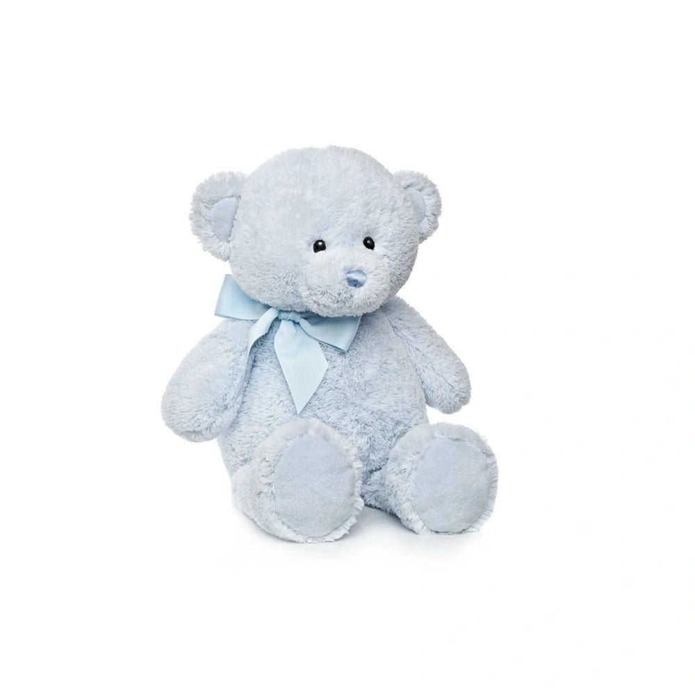 Baby blue plush bear with a grosgrain ribbon bow, sitting upright. Soft and cuddly design, perfect for infants and toddlers.