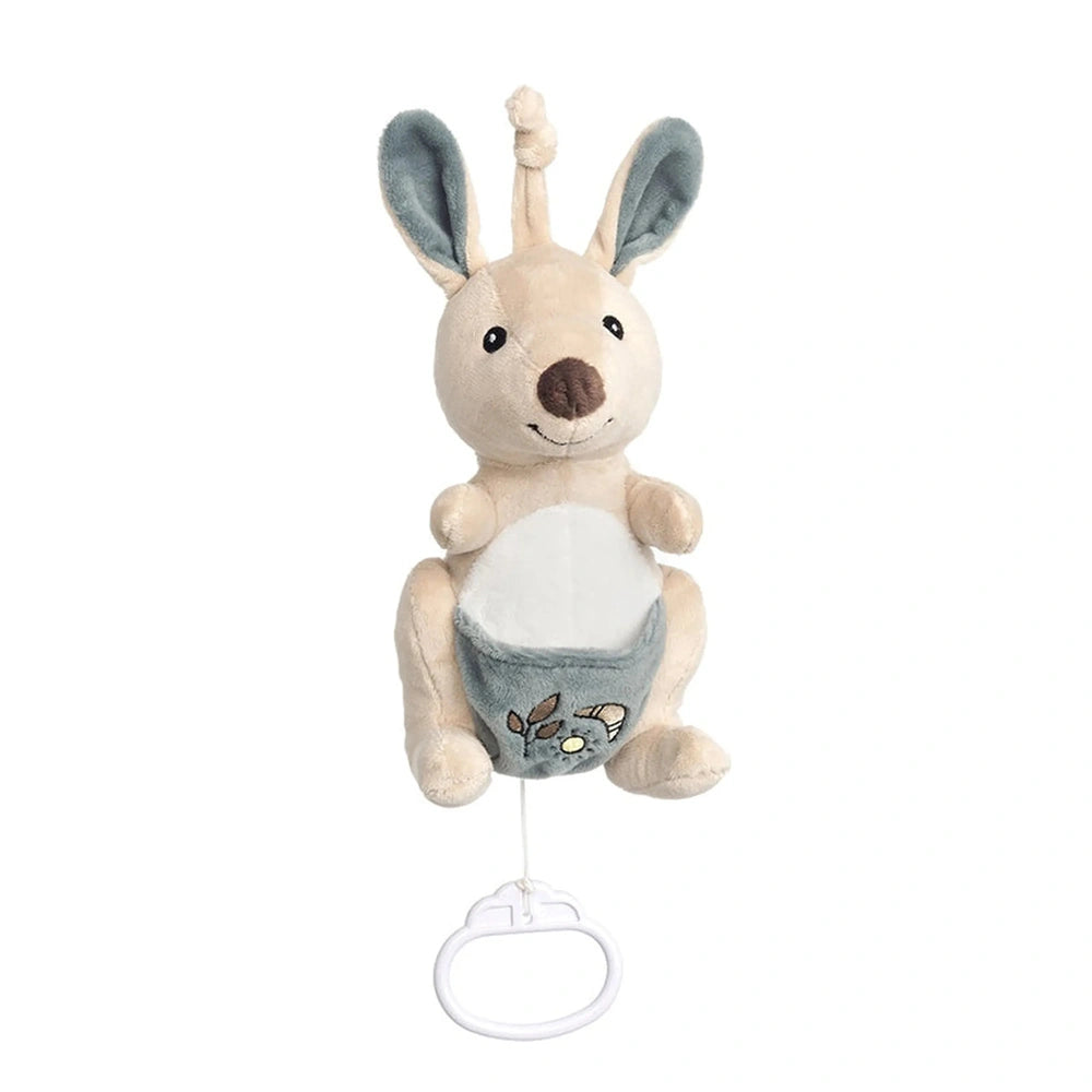 Soft beige kangaroo plush with blue ears, musical ring, and embroidered pouch, designed as a soothing baby carillon toy.