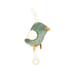 Green bird-shaped plush with white wings, orange beak, and hanging ring, designed for soothing melodies.