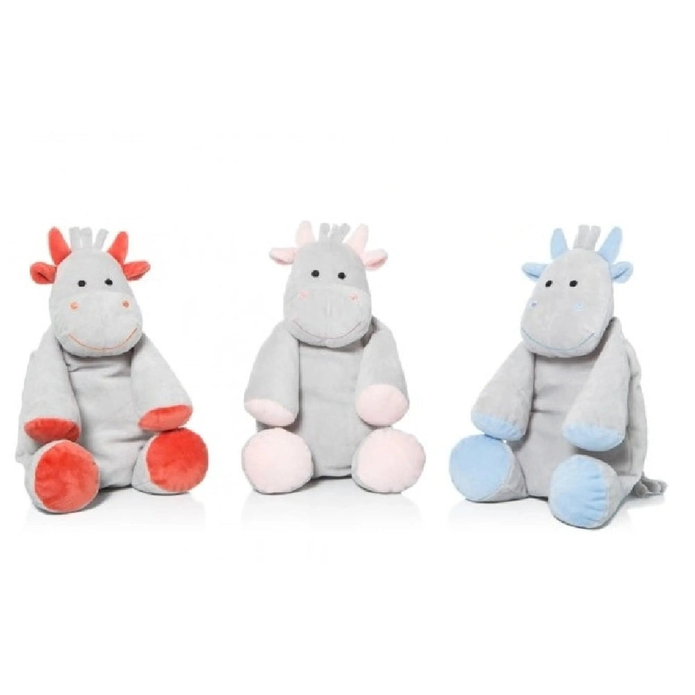 Three Artesavi cow plush toys in gray with red, pink, and blue accents, sitting in a row.