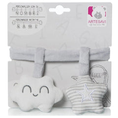 Gray plush ribbon with a smiling cloud and striped star rattle, customizable with name, by ARTESAVI.