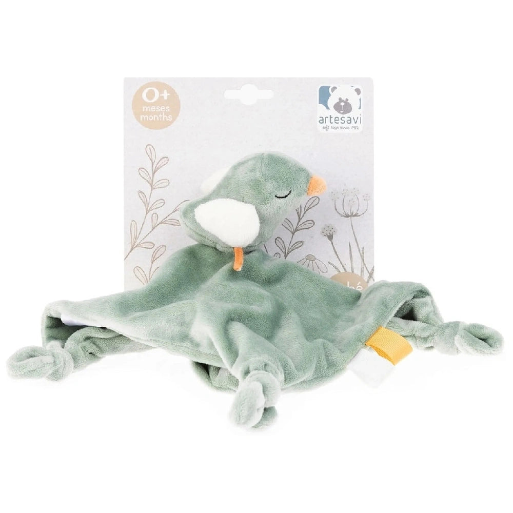 Soft pastel green bird plush with white accents, featuring a soothing design, perfect for babies.