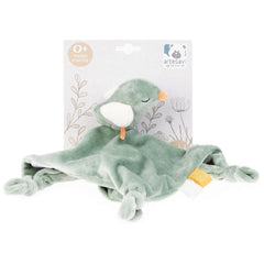 Soft pastel green bird plush with white accents, featuring a soothing design, perfect for babies.