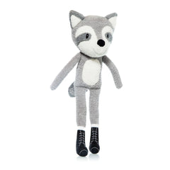 Gray and white raccoon plush toy with long flexible limbs, wearing black lace-up boots, on a white background.