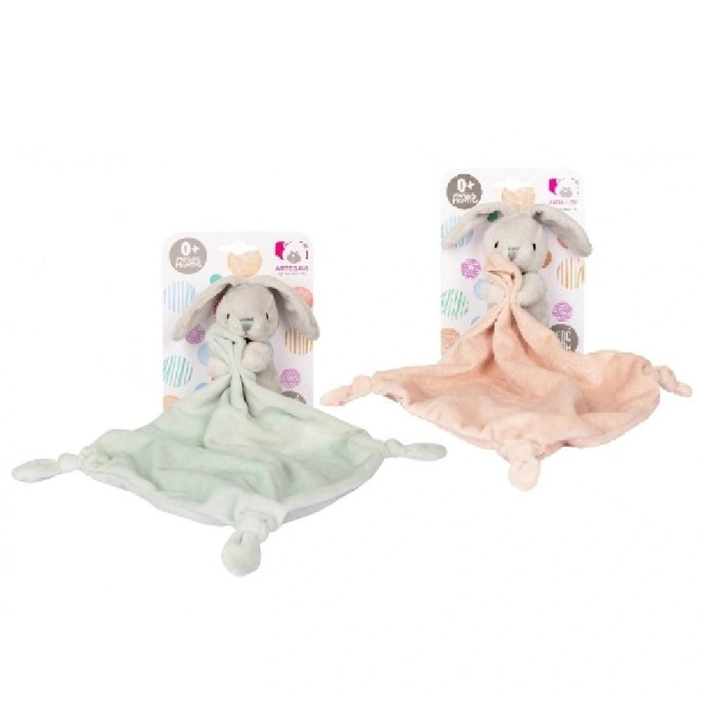 Artesavi Soft Dou Dou Rabbit plush toys in light green and pink, wrapped in a polka dot blanket against a white background.
