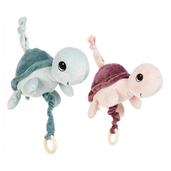 Two turtle plush carillons in pastel green and pink, each with friendly faces and pull rings for soothing melodies.