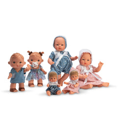 Group of ASI Dolls from Bonboncin Collection in colorful outfits, including blue and pink dresses, ideal for imaginative play.