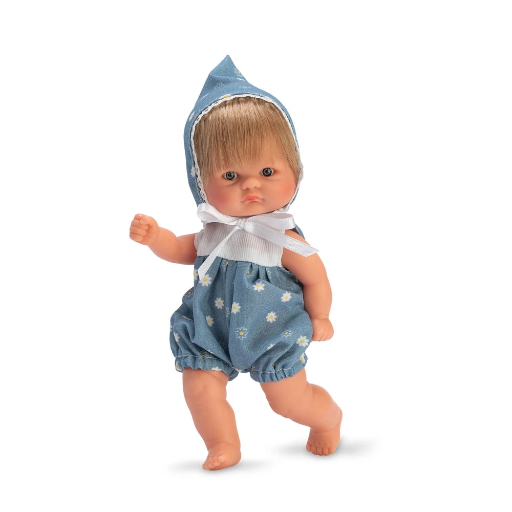 ASI Bonboncin doll wearing a blue flower dress and matching bonnet, standing gracefully with a slightly raised arm.