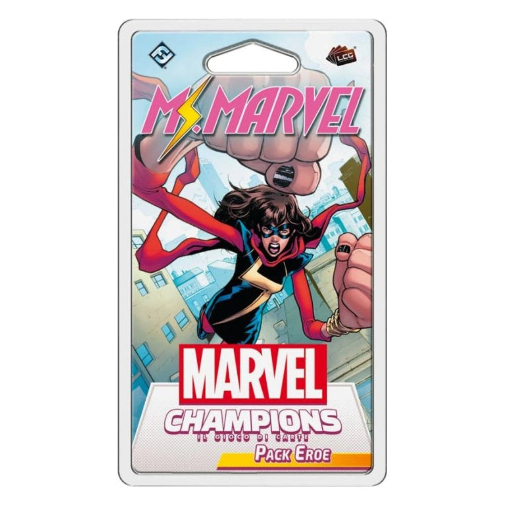 Marvel Champions trading card pack featuring Ms. Marvel on a white background