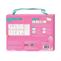 AVENIR unicorn nail stickers and tattoos in playful pink packaging with a unicorn graphic, featuring a clear window to showcase designs.