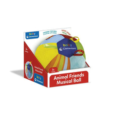 Colorful plush baby ball toy with various textures, designed for tactile exploration, in a branded box.