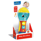 Baby Microphone activity toy in yellow and blue, packaged in cardboard with a plastic window, featuring age markings and icon