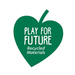 Green apple graphic with a stem and leaf, featuring text "PLAY FOR FUTURE RECYCLED MATERIALS" on a white background.