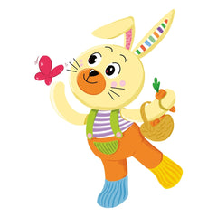 Benny the Puppy is a yellow bunny in a striped shirt, holding a carrot and basket, with a cheerful expression and plush textu