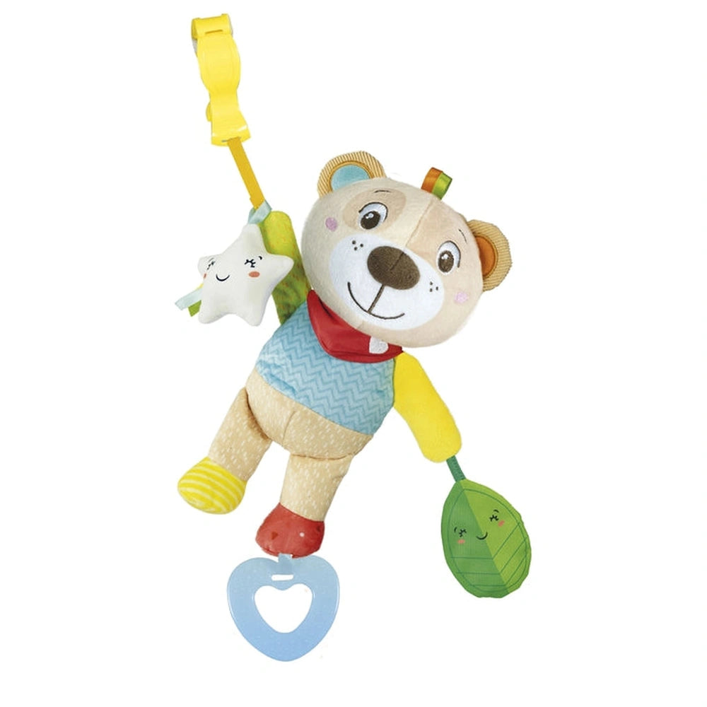 Baby Clementoni Easy-Peasy Soft Bear is a plush toy with a smiling face, wearing a striped shirt and red scarf, hanging from
