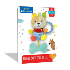 Baby Clementoni Lovely Soft Dog Rattle features a plush dog in a striped shirt with a friendly face and colorful decorative e