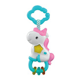 Baby Clementoni Magic Unicorn Light & Melodies, glossy white plastic toy with pink mane, yellow horn, and brown hooves.