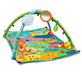 Baby Clementoni My First Discoveries Activity Gym features a colorful, textured play mat with patterns, images, and a clear p