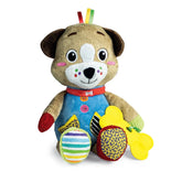 Pete The Puppy stuffed animal made of soft fabric with plastic eyes and nose, featuring colorful fabric clothing and textured