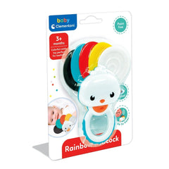 Baby Clementoni Rainbow Peacock Rattle in colorful packaging with a smiling face design and teething rings, suitable for 3+ m