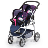 BAYER DESIGN Twin Pram in blue with pink and purple unicorns, shiny metallic frame, and black wheels for dolls playsets.