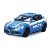 BBurago Alfa Romeo Polizia 1:24 die-cast vehicle features a glossy blue body, white matte roof, and detailed plastic componen
