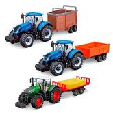 BBURAGO motorized die-cast metal farm tractors in blue and green with orange and yellow trailers, all made of plastic.