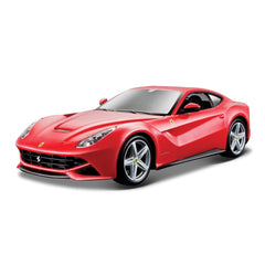 Ferrari Race Play 1:24 die-cast vehicle with red glossy body, shiny metal grill, black rims, and transparent plastic windows.