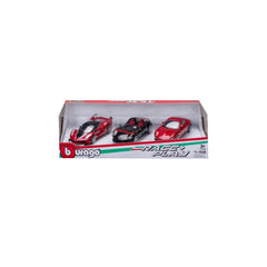 BBurago Race Play Ferrari 3 car gift pack features red die-cast vehicles in a white cardboard box with a clear plastic window