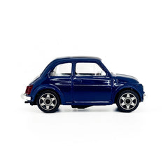 BBurago Street Fire Fiat 500 1965 die-cast vehicle in blue with glossy finish, black wheels, and detailed components.