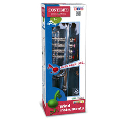 Bontempi trumpet in retail packaging with glossy cardboard, blue background, and visible "MADE IN ITALY" label.