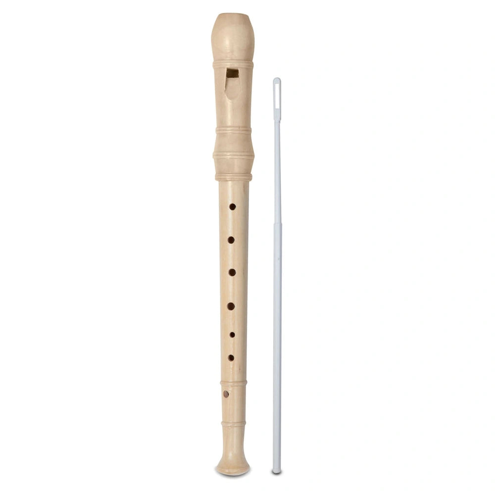 Bontempi wooden recorder featuring a metal body, tone holes, and key mechanism in a centered front view.