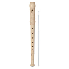 Bontempi wooden recorder featuring a metal body, tone holes, and key mechanism in a centered front view.