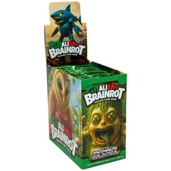Brainrot Skifidol Gamma Series collectible trading cards in glossy green packaging with blue shark, brown owl, and green zomb