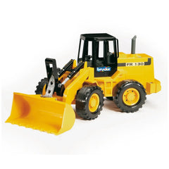 Bruder FR 130 yellow articulated road loader toy with black cab and functional bucket, ideal for imaginative play.