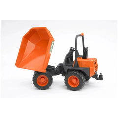 Bruder AUSA Mini Dumper toy in orange and black, featuring articulated steering and a raised tipping trough.