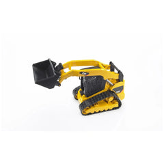 Yellow Bruder CAT Compact Track Loader toy with black rubber tracks and adjustable scoop arm on a white background.