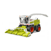 Bruder Claas Jaguar 900 Field Chopper toy, green and white with orange wheels, featuring a realistic corn header.