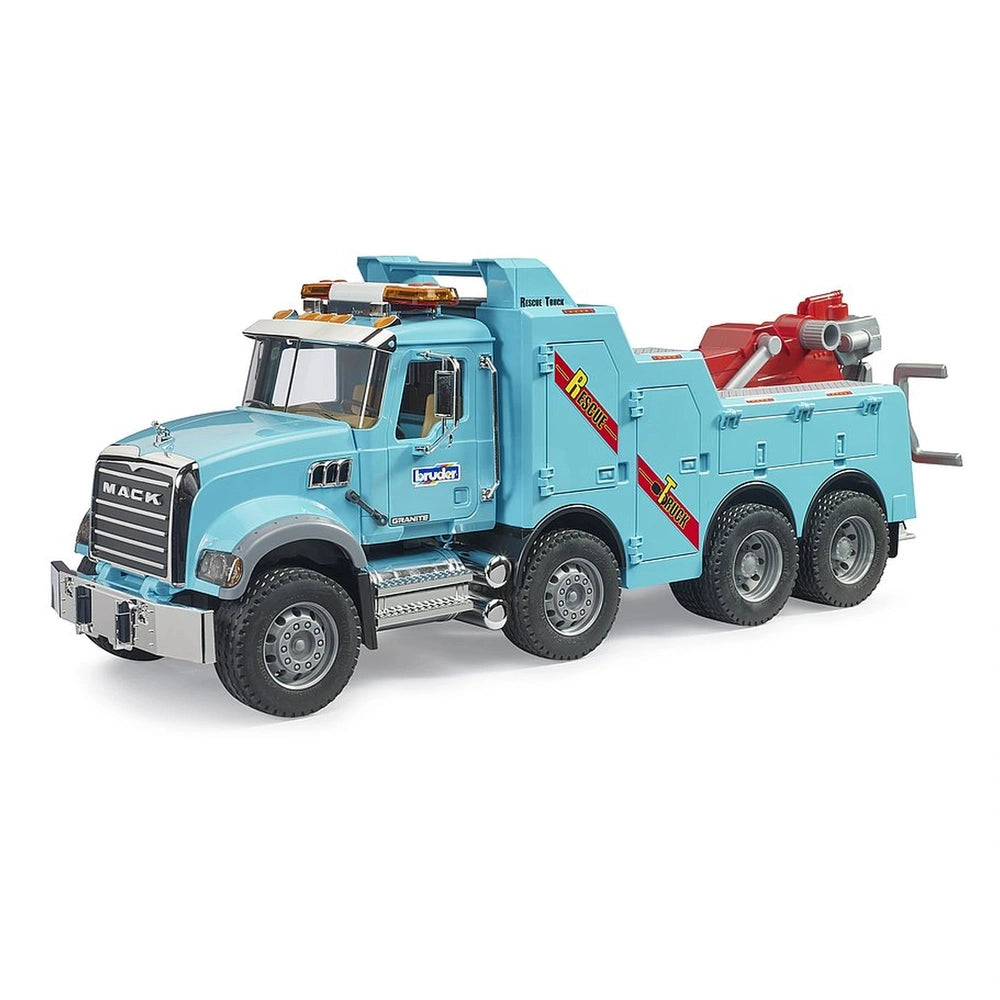 Blue Bruder MACK Granite recovery truck with light and sound features, six wheels, and red towing equipment.