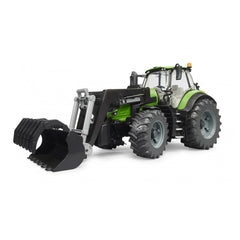 Green Bruder Deutz 8280 TTV toy tractor with frontloader, featuring detailed cab and large tires, angled view.