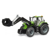Green Bruder Deutz 8280 TTV toy tractor with frontloader, large tires, and detailed cab in 1:16 scale.