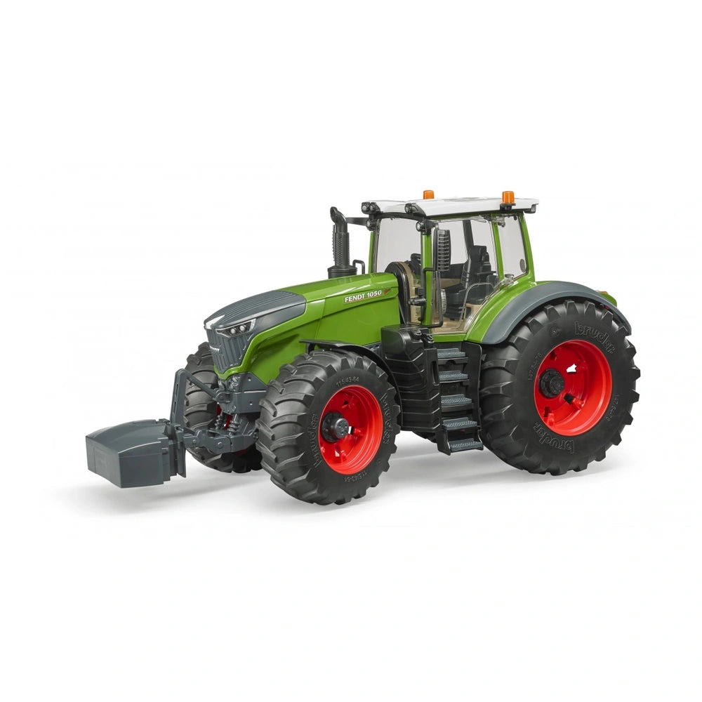 Green and black Bruder Fendt 1050 Vario toy tractor with red wheels, front attachment, and realistic details.